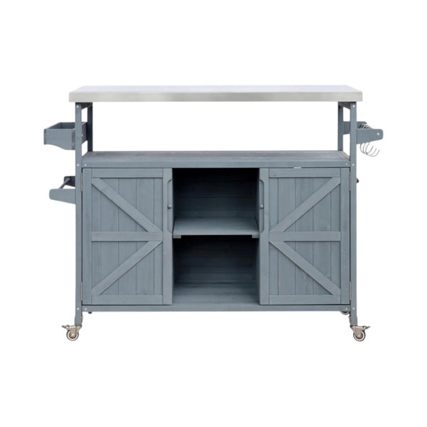 HomeRoots 50" Light Blue Wood Barn Door Rolling Kitchen Island with Storage - Rustic Charm & Versatile Design 654072
