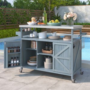 HomeRoots 50" Light Blue Wood Barn Door Rolling Kitchen Island with Storage - Rustic Charm & Versatile Design 654072