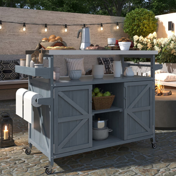 HomeRoots 50" Light Blue Wood Barn Door Rolling Kitchen Island with Storage - Rustic Charm & Versatile Design 654072