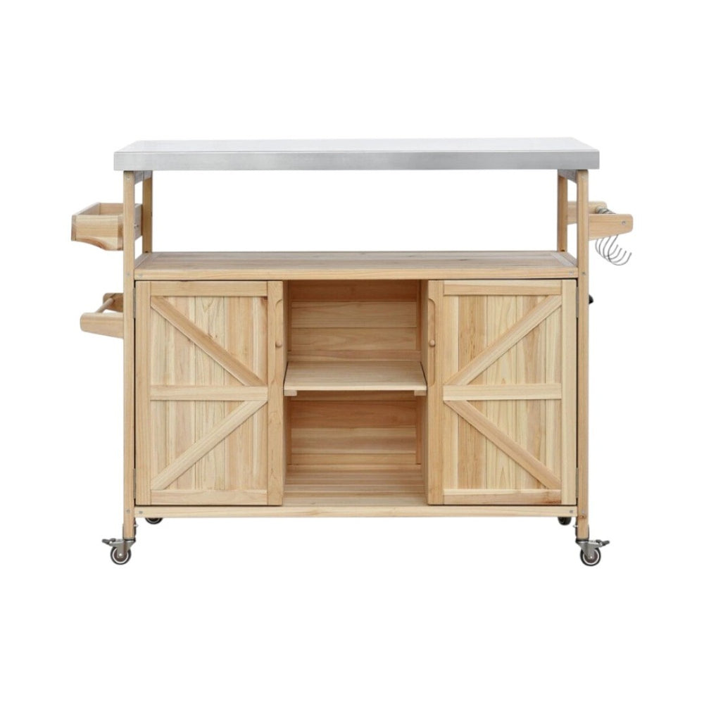 HomeRoots 50" Natural Wood Rolling Kitchen Island with Sliding Barn Door & Ample Storage for Entertaining 654073