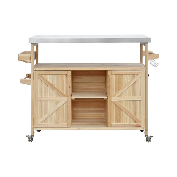 HomeRoots 50" Natural Wood Rolling Kitchen Island with Sliding Barn Door & Ample Storage for Entertaining 654073