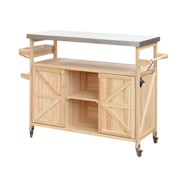 HomeRoots 50" Natural Wood Rolling Kitchen Island with Sliding Barn Door & Ample Storage for Entertaining 654073