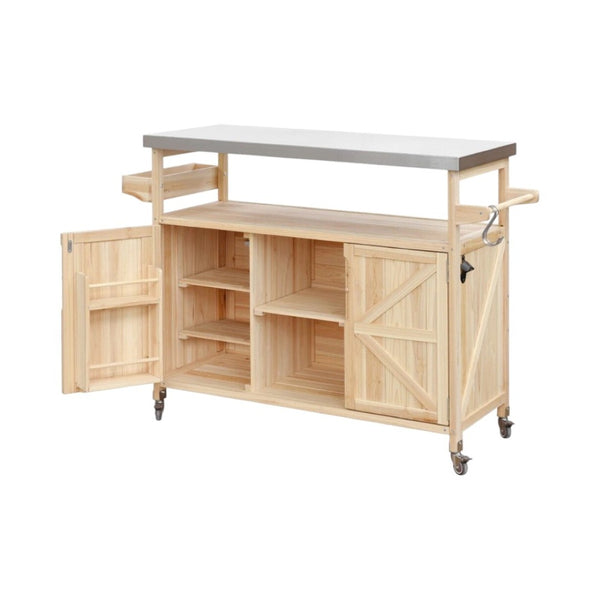 HomeRoots 50" Natural Wood Rolling Kitchen Island with Sliding Barn Door & Ample Storage for Entertaining 654073