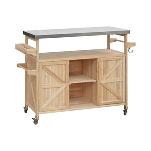 HomeRoots 50" Natural Wood Rolling Kitchen Island with Sliding Barn Door & Ample Storage for Entertaining 654073