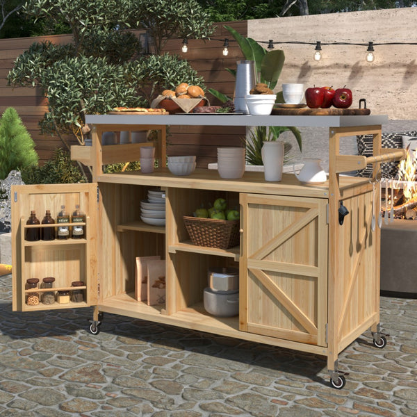 HomeRoots 50" Natural Wood Rolling Kitchen Island with Sliding Barn Door & Ample Storage for Entertaining 654073