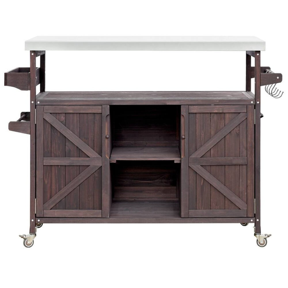 HomeRoots 50" Brown Wood Barn Door Rolling Kitchen Island - Stylish Storage & Prep Space for Any Kitchen 654074