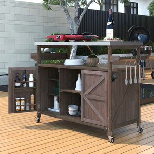 HomeRoots 50" Brown Wood Barn Door Rolling Kitchen Island - Stylish Storage & Prep Space for Any Kitchen 654074