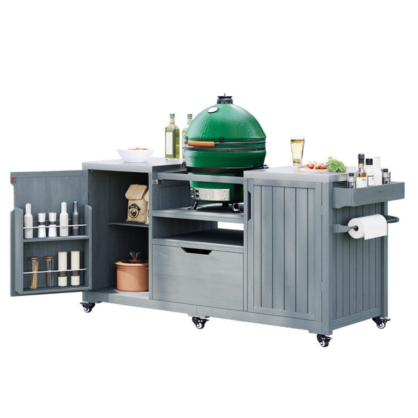 HomeRoots 67" Light Blue Rolling Kitchen Island with Storage - Rustic Farmhouse Charm and Versatile Design 654075