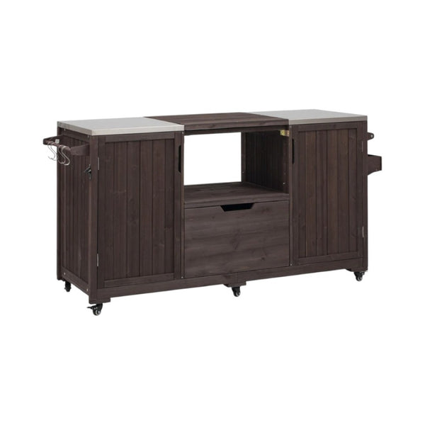 HomeRoots 67" Rustic Brown Wood Barn Door Rolling Kitchen Island with Ample Storage & Mobility Features 654076