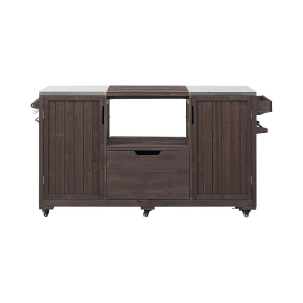HomeRoots 67" Rustic Brown Wood Barn Door Rolling Kitchen Island with Ample Storage & Mobility Features 654076