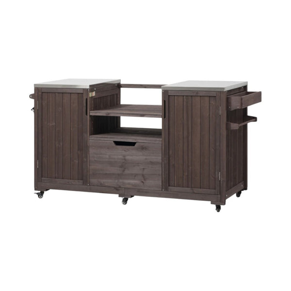 HomeRoots 67" Rustic Brown Wood Barn Door Rolling Kitchen Island with Ample Storage & Mobility Features 654076