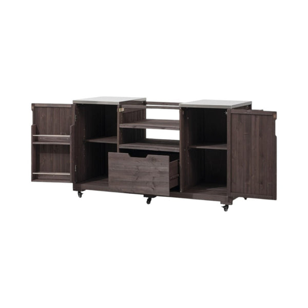 HomeRoots 67" Rustic Brown Wood Barn Door Rolling Kitchen Island with Ample Storage & Mobility Features 654076