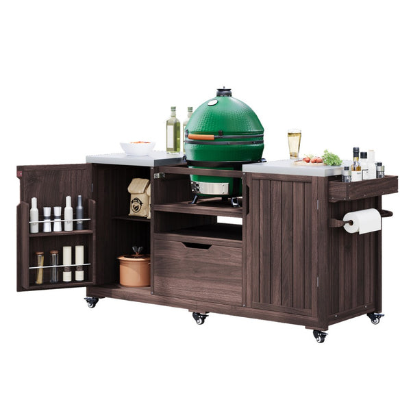 HomeRoots 67" Rustic Brown Wood Barn Door Rolling Kitchen Island with Ample Storage & Mobility Features 654076