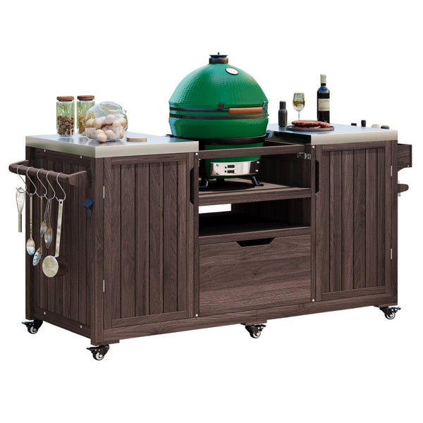HomeRoots 67" Rustic Brown Wood Barn Door Rolling Kitchen Island with Ample Storage & Mobility Features 654076