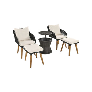 HomeRoots Five-Piece Black and Beige Wicker Seating Set with Cushions, Table, and Cooler for Cozy Outdoor Spaces 654077