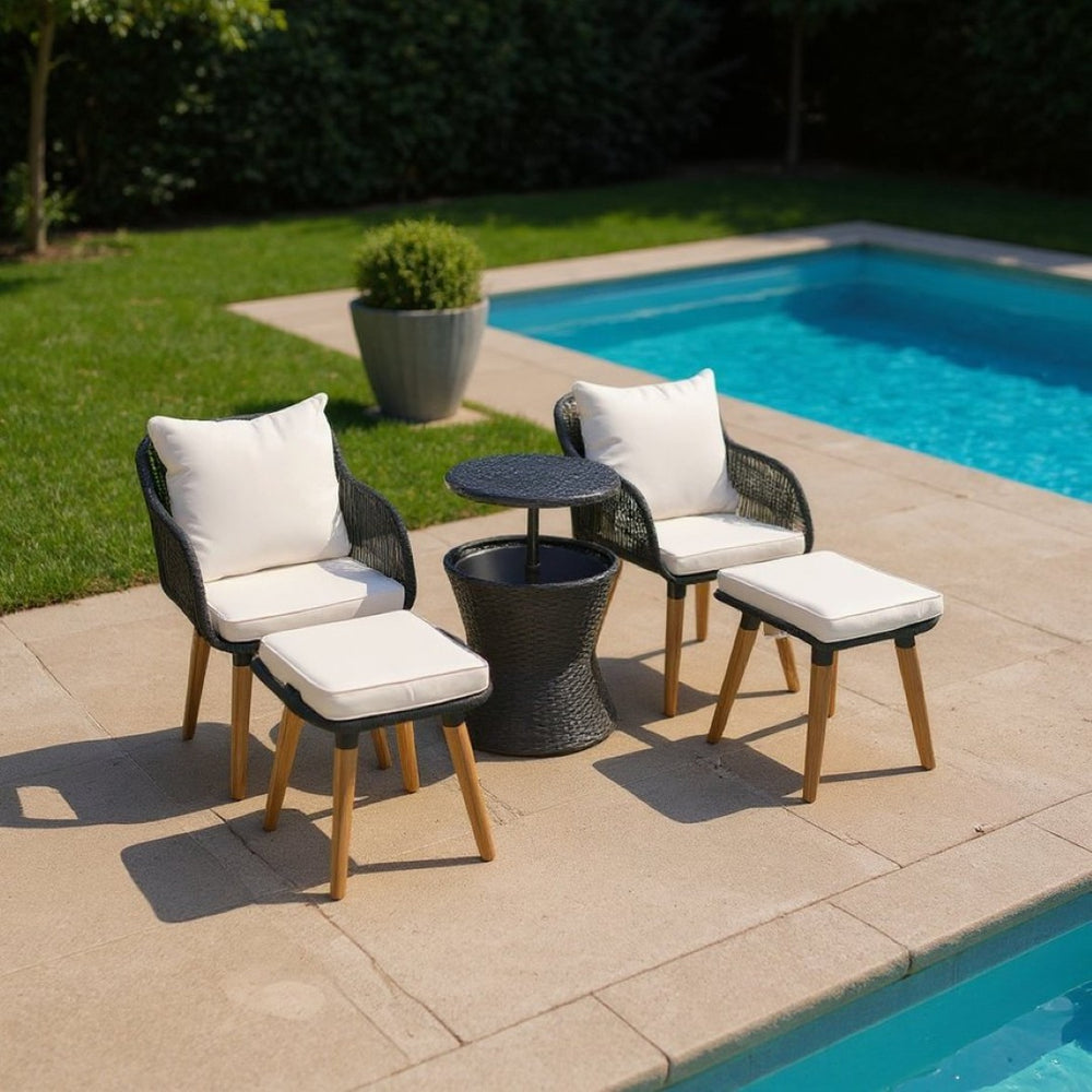 HomeRoots Five-Piece Black and Beige Wicker Seating Set with Cushions, Table, and Cooler for Cozy Outdoor Spaces 654077