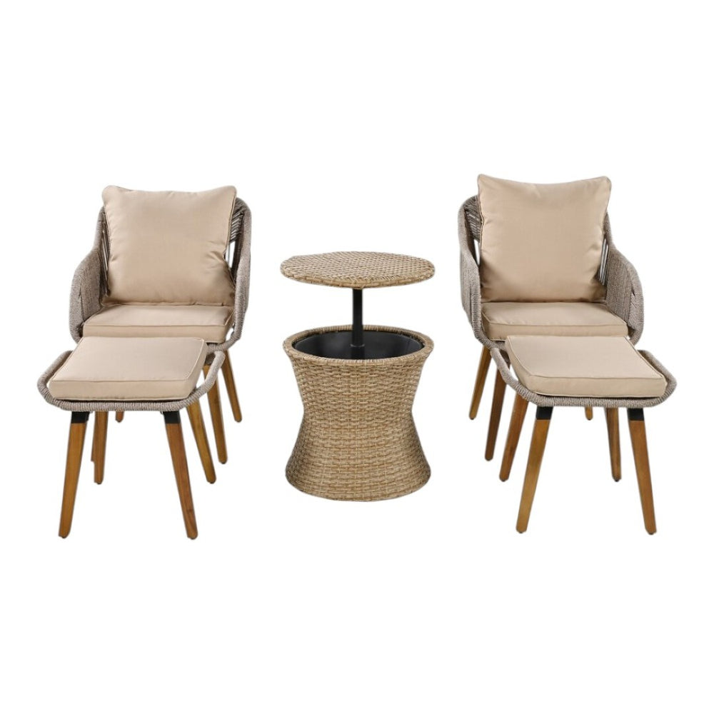 HomeRoots Five-Piece Light Gray and Tan Wicker Seating Set: Cozy Two-Person Loveseat with Cooler Table & Cushions 654078