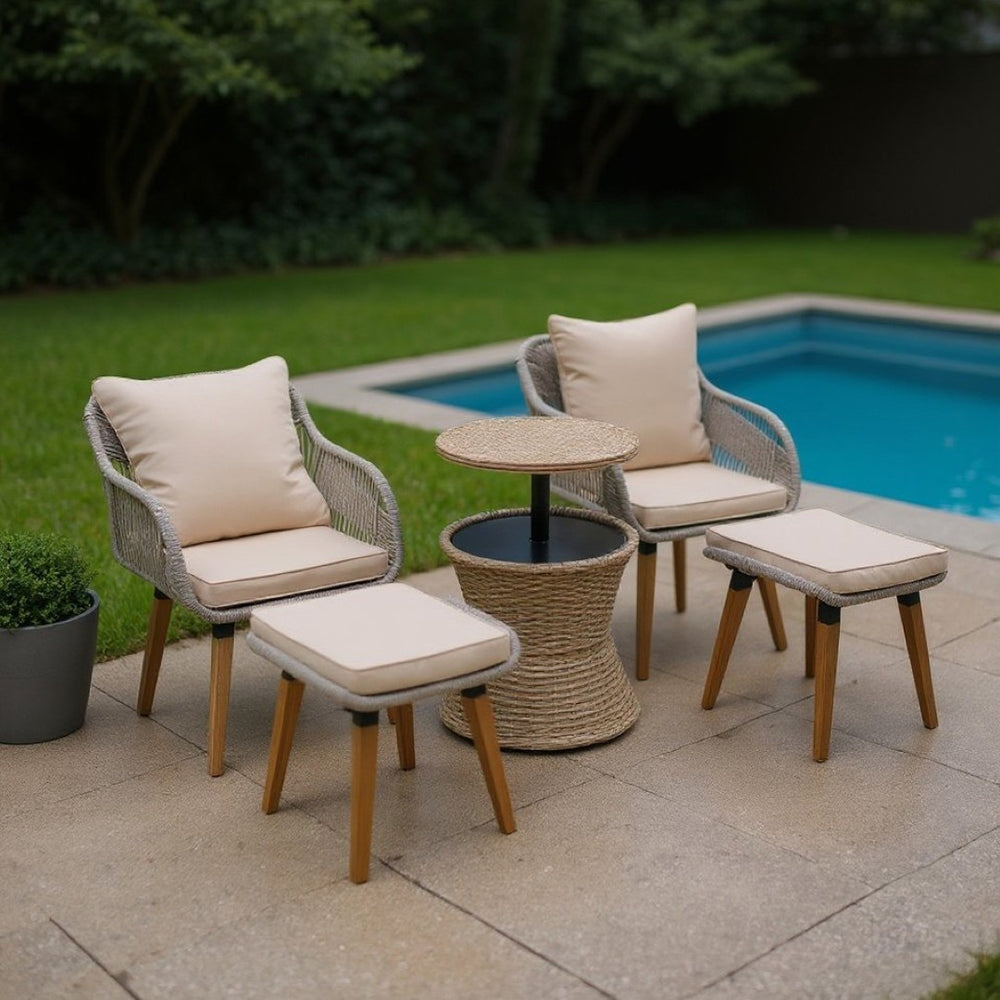 HomeRoots Five-Piece Light Gray and Tan Wicker Seating Set: Cozy Two-Person Loveseat with Cooler Table & Cushions 654078