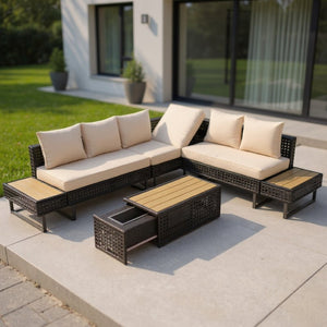HomeRoots Six-Piece Gray and Khaki Wicker Seating Group with Cushions, Coffee Table, & Cooler Insert for Outdoor Fun 654080