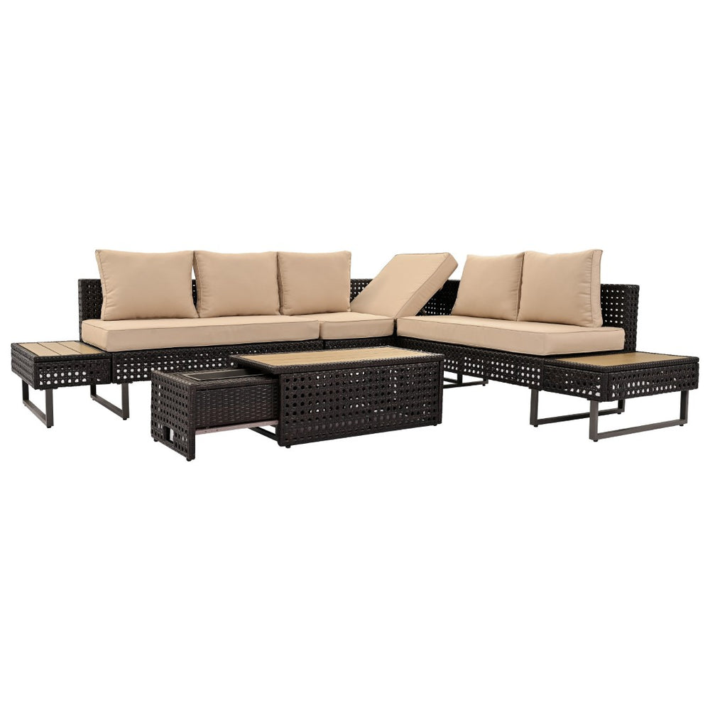 HomeRoots Six-Piece Gray and Khaki Wicker Seating Group with Cushions, Coffee Table, & Cooler Insert for Outdoor Fun 654080