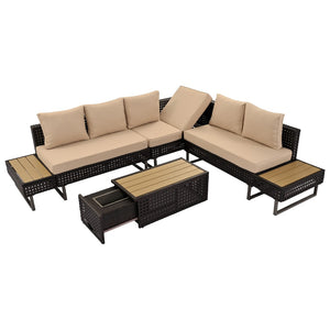 HomeRoots Six-Piece Gray and Khaki Wicker Seating Group with Cushions, Coffee Table, & Cooler Insert for Outdoor Fun 654080