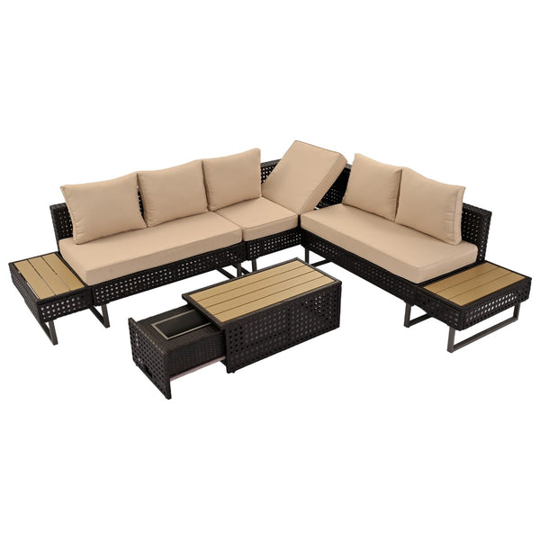 HomeRoots Six-Piece Gray and Khaki Wicker Seating Group with Cushions, Coffee Table, & Cooler Insert for Outdoor Fun 654080
