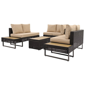 HomeRoots Six-Piece Gray and Khaki Wicker Seating Group with Cushions, Coffee Table, & Cooler Insert for Outdoor Fun 654080