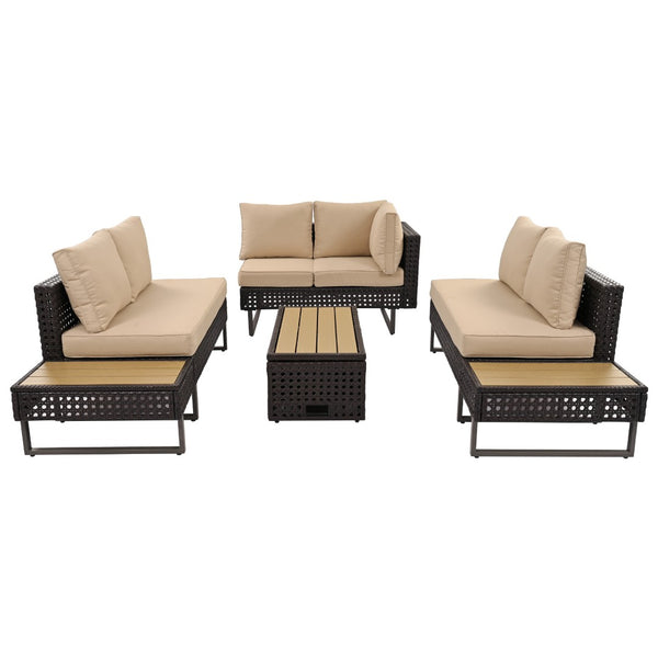 HomeRoots Six-Piece Gray and Khaki Wicker Seating Group with Cushions, Coffee Table, & Cooler Insert for Outdoor Fun 654080