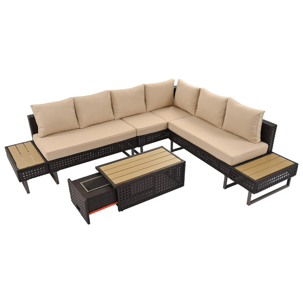 HomeRoots Six-Piece Gray and Khaki Wicker Seating Group with Cushions, Coffee Table, & Cooler Insert for Outdoor Fun 654080