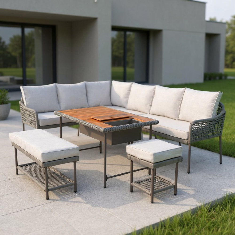 HomeRoots Six-Piece Gray Wicker Sofa Seating Group with Light Gray Cushions & Modular Table for Outdoor Comfort 654081