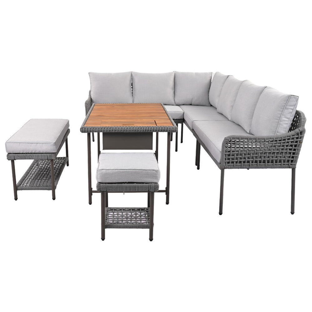 HomeRoots Six-Piece Gray Wicker Sofa Seating Group with Light Gray Cushions & Modular Table for Outdoor Comfort 654081