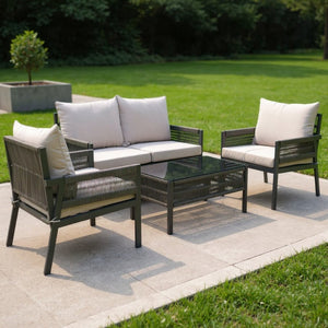 HomeRoots Four-Piece Gray Metal Outdoor Sofa Set with Cushions & Coffee Table for Stylish Comfort & Durability 654084