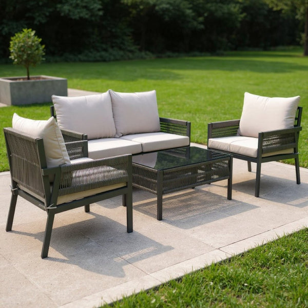 HomeRoots Four-Piece Gray Metal Outdoor Sofa Set with Cushions & Coffee Table for Stylish Comfort & Durability 654084