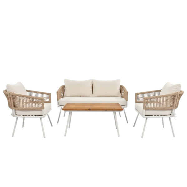 HomeRoots Six Piece Outdoor Seating Group with Beige Cushions, Durable Metal Frame & Stylish Coffee Table 654085