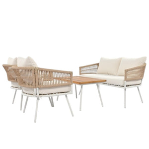 HomeRoots Six Piece Outdoor Seating Group with Beige Cushions, Durable Metal Frame & Stylish Coffee Table 654085