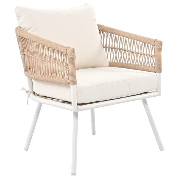 HomeRoots Six Piece Outdoor Seating Group with Beige Cushions, Durable Metal Frame & Stylish Coffee Table 654085