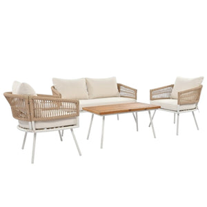 HomeRoots Six Piece Outdoor Seating Group with Beige Cushions, Durable Metal Frame & Stylish Coffee Table 654085