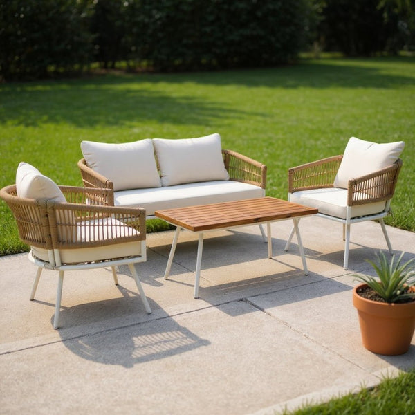 HomeRoots Six Piece Outdoor Seating Group with Beige Cushions, Durable Metal Frame & Stylish Coffee Table 654085