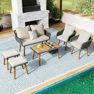 HomeRoots Four-Piece Wicker Seating Group with Beige Cushions & Cooler-Insert Table – Stylish Outdoor Comfort 654086