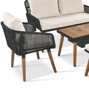 HomeRoots Four-Piece Wicker Seating Group with Beige Cushions & Cooler-Insert Table – Stylish Outdoor Comfort 654086