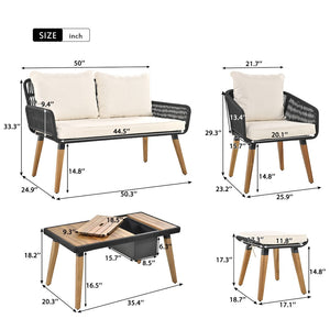 HomeRoots Four-Piece Wicker Seating Group with Beige Cushions & Cooler-Insert Table – Stylish Outdoor Comfort 654086