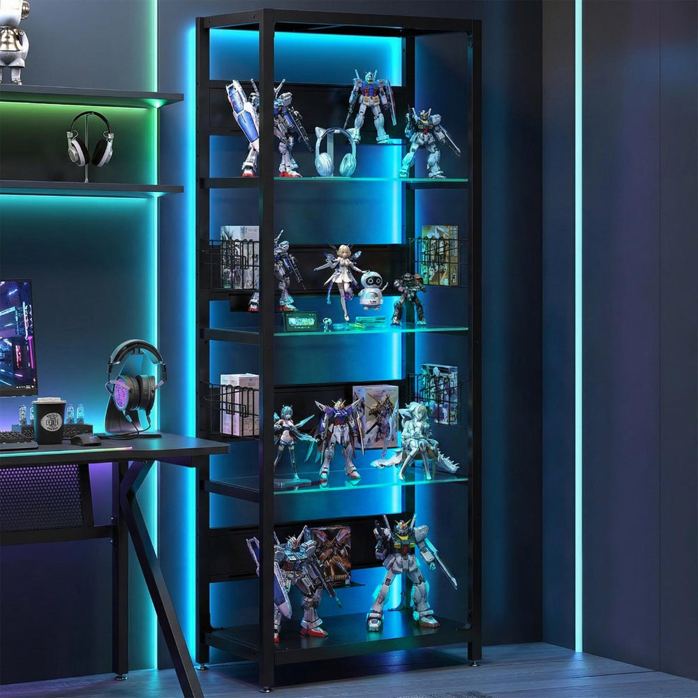 English Elm 4-tier Tempered Glass Steel Frame Display Shelf with Rgb Led Lighting for Collectibles W3190P371784