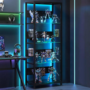 English Elm 4-tier Tempered Glass Steel Frame Display Shelf with Rgb Led Lighting for Collectibles W3190P371784