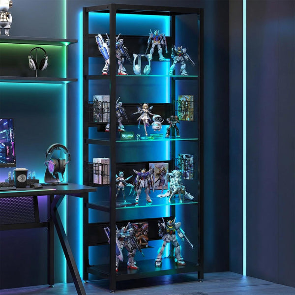 English Elm 4-tier Tempered Glass Steel Frame Display Shelf with Rgb Led Lighting for Collectibles W3190P371784