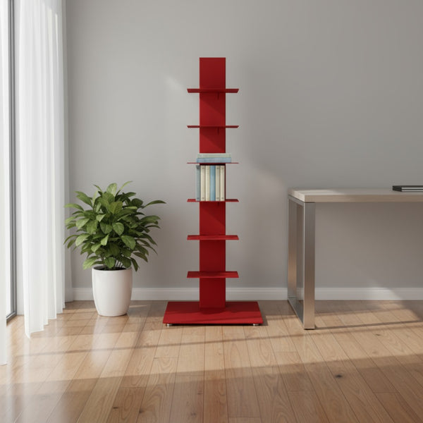 HomeRoots 38" Red Metal Six-Shelf Industrial Tower Bookcase - Stylish Space-Saving Display for Home or Office 654138