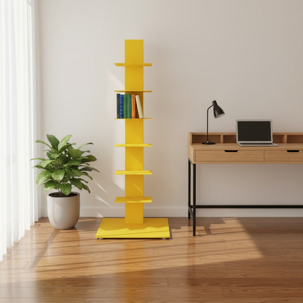 HomeRoots 38" Yellow Steel Six-Shelf Modern Tower Bookcase for Colorful Display in Any Space – Durable & Sleek! 654139
