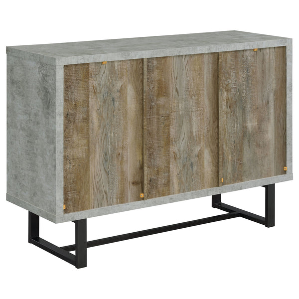 English Elm Sedona Weathered Oak Accent Cabinet with Faux Cement Frame, 3 Drawers, Shelves, Gunmetal Legs B062P351425
