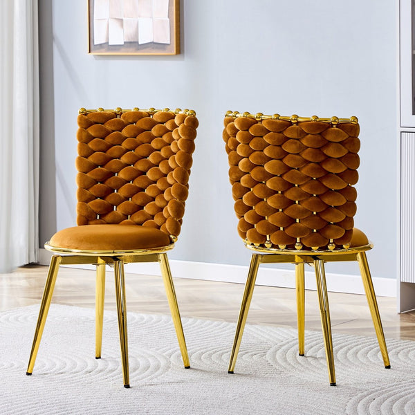 English Elm Set of 2 Velvet Dining Chairs with Braided Rope Backrests and Sculptural Metal Legs Gold,Orange W1512P491450