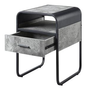 English Elm Concrete Grey and Black End Table with Drawer and Open Shelf, Industrial Metal Frame, Curved Edges B062P185653