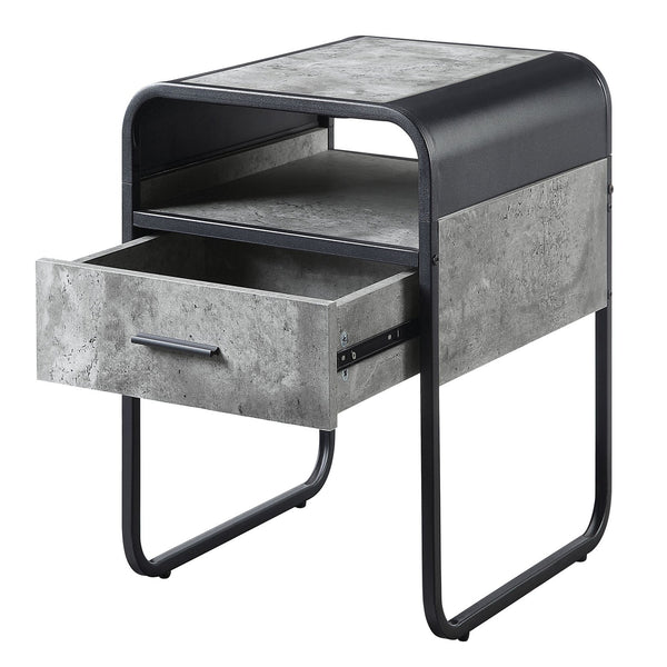 English Elm Concrete Grey and Black End Table with Drawer and Open Shelf, Industrial Metal Frame, Curved Edges B062P185653